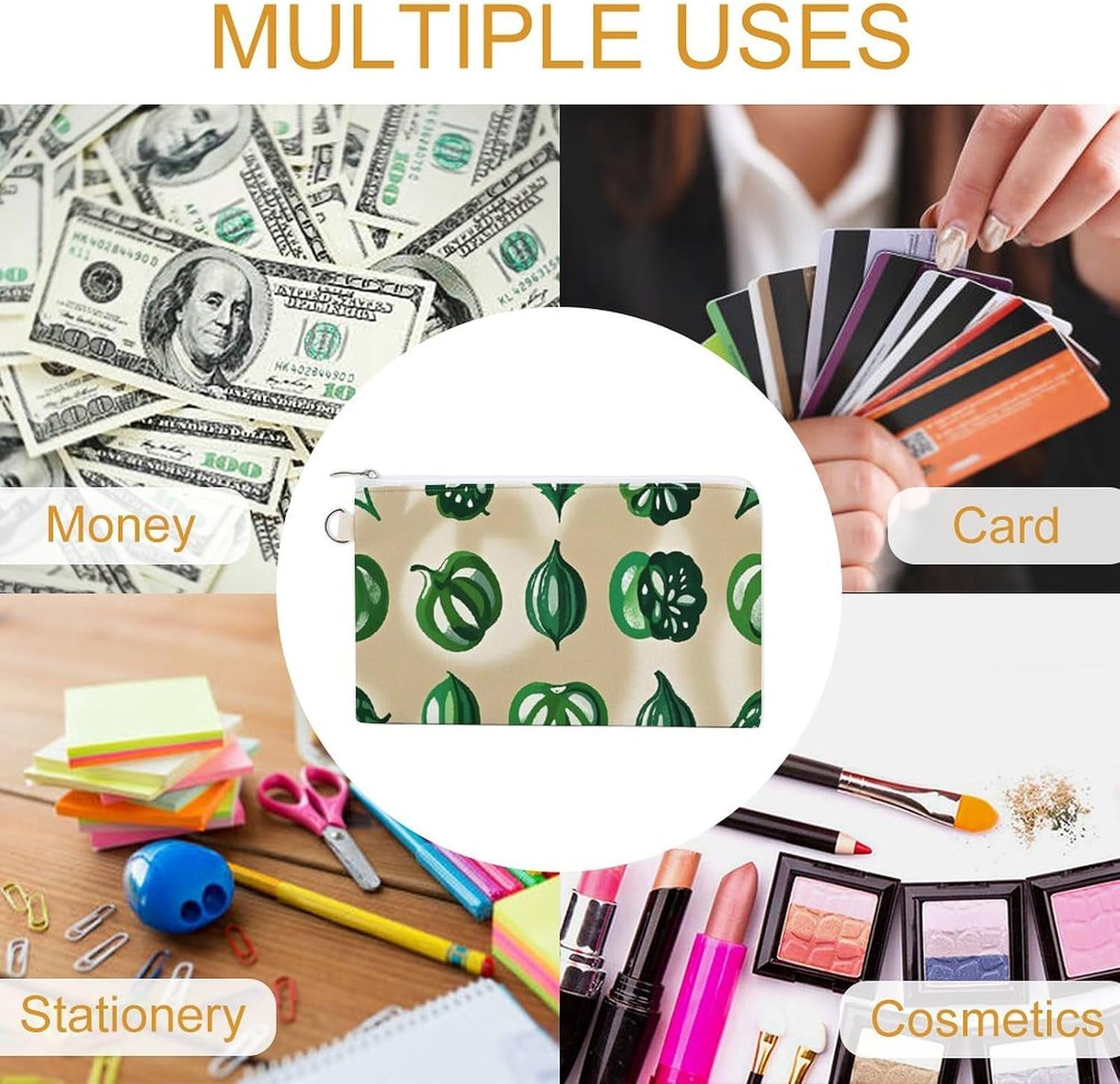 Green Pattern Coin Purse Portable Canvas Coin Pouch with Zipper Mini Coin Pocket Pouch Change Holder Slim Cash Change Wallet Lightweight Cute Coin Bag for Men Women