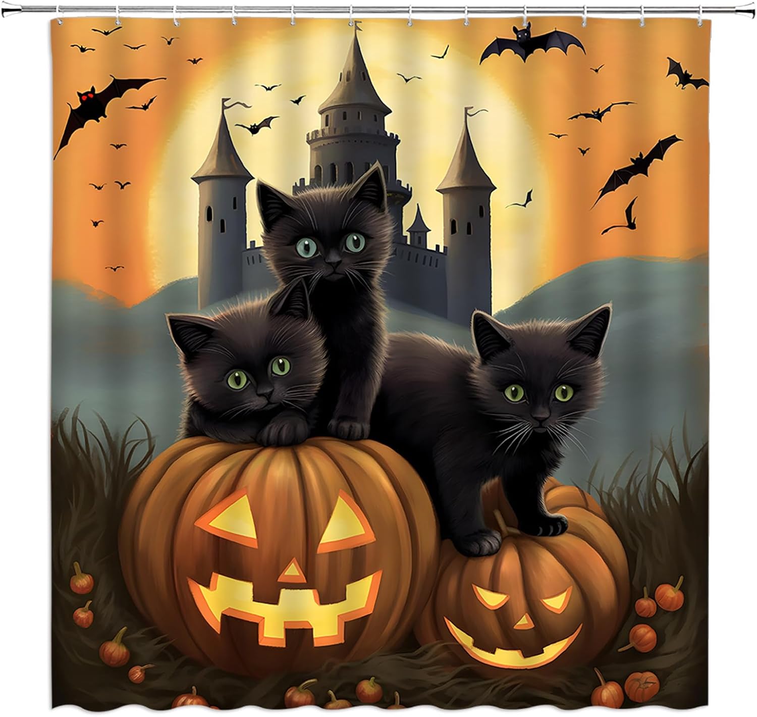 Halloween Shower Curtain Spooky Black Cat Orange Pumpkun Lantern Full Moon Bat Gothic Castle Vintage Halloween Holiday Fabric Bathroom Decor Curtain with Hooks