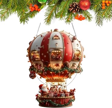 Christmas Hot Air Balloon Decoration, Santa Claus Hanging Ornament, 2D Acrylic Holiday Themed Balloons Home Decor, Round Wall Accent for Xmas Tree, Party Supplies Festive Gifts Pendant, 1Pcs