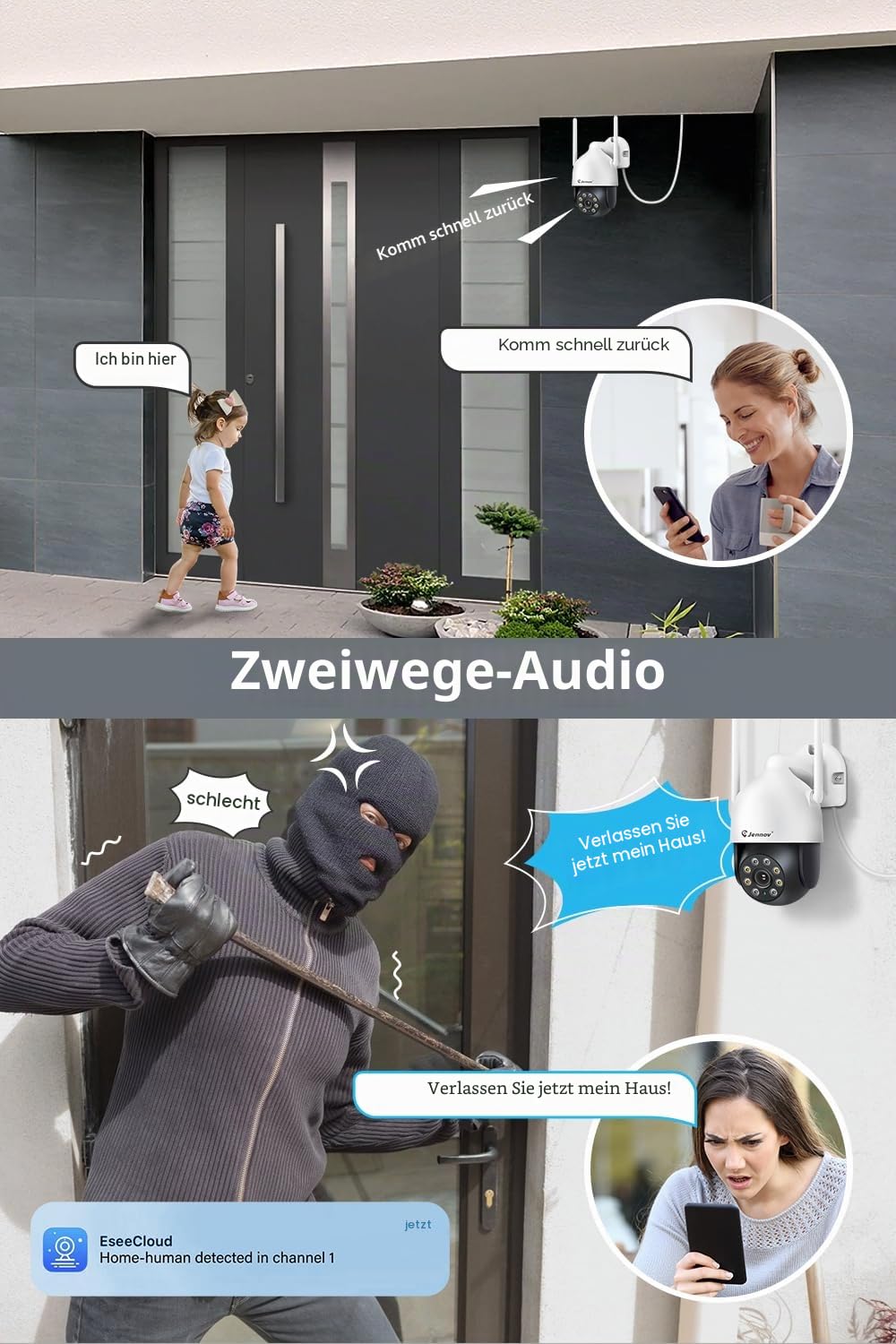 【5MP+360°PTZ】 Jennov Überwachungskamera Set Aussen WLAN, 5MP 10CH NVR und 4Pcs PTZ WiFi Kameras mit Farbe Nachtsicht, 2-Wege Audio, 24/7 Aufnahme, Personenerkennung, Automatische Verfolgung,1TB HDD