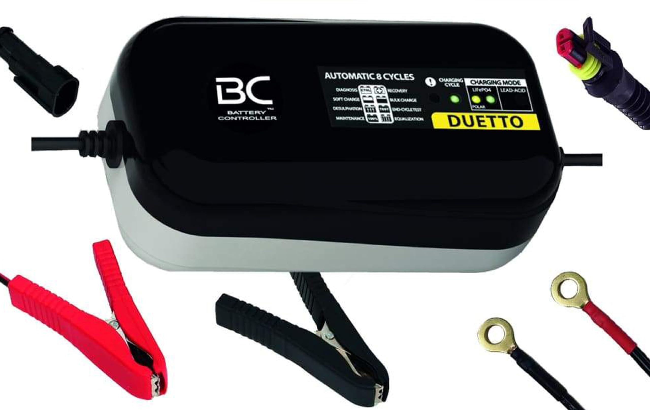 BC Battery Controller Duetto Intelligent Battery Charger/Maintenance 1.5 Amp for 12V Lithium and 12V Lead-Acid Batteries, Suitable for Motorcycles, Cars and All Batteries up to 100Ah