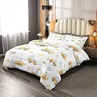Vista 4 de Feelyou Juego de ropa de cama de excavadora amarilla de dibujos animados en construcción, juego de edredón para niños y niñas, decoración