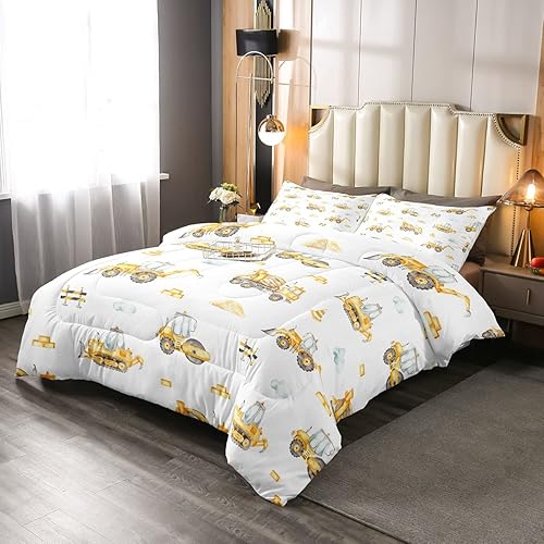 Miniatura 4 de Feelyou Juego de ropa de cama de excavadora amarilla de dibujos animados en construcción, juego de edredón para niños y niñas, decoración de