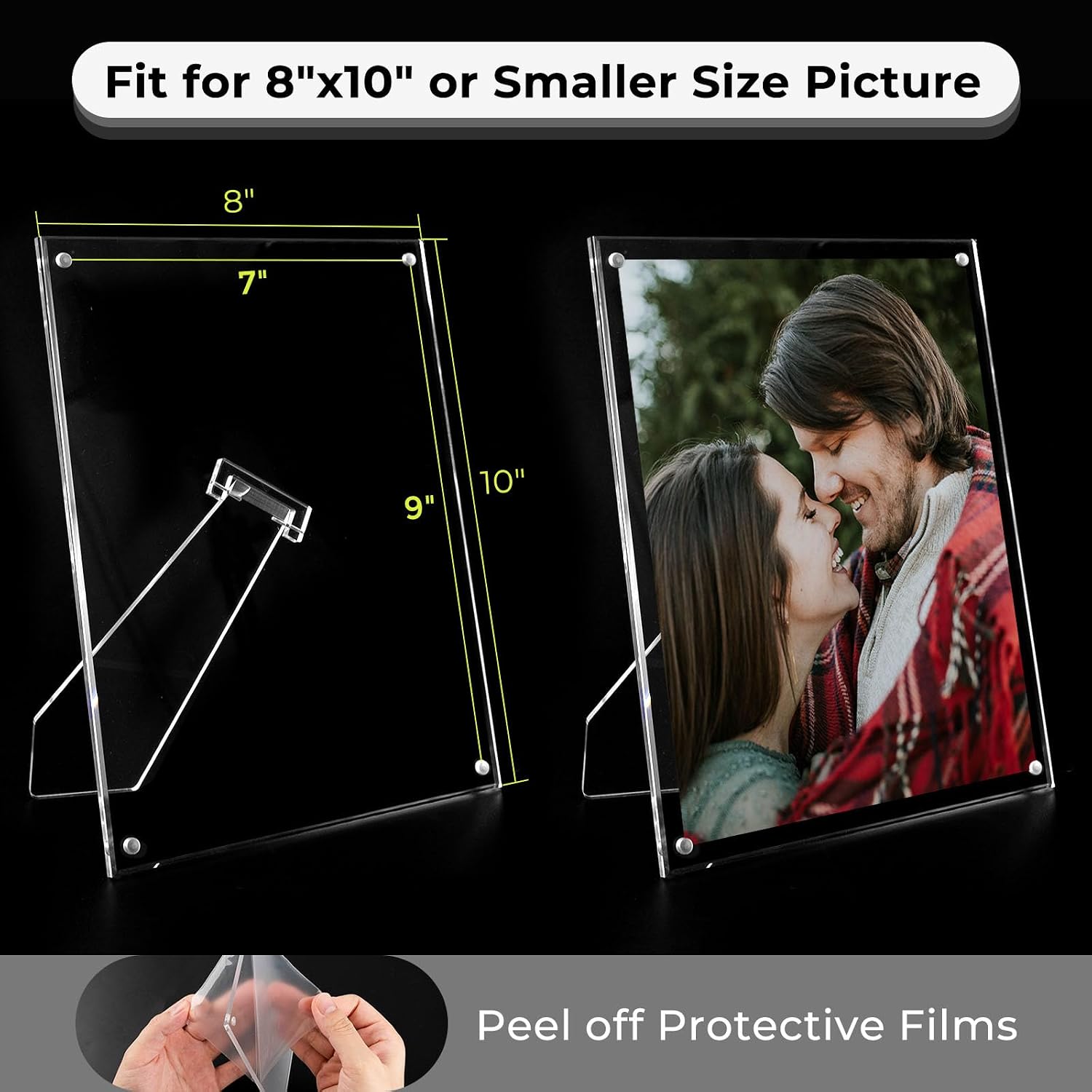 3 Pack 8x10 Acrylic Picture Frames with Stand, Floating Effect Size: 7x9 or Smaller, Frameless Frame with Strong Magnets, for Wedding Sign Reception, Decoration, Photos and Art Display
