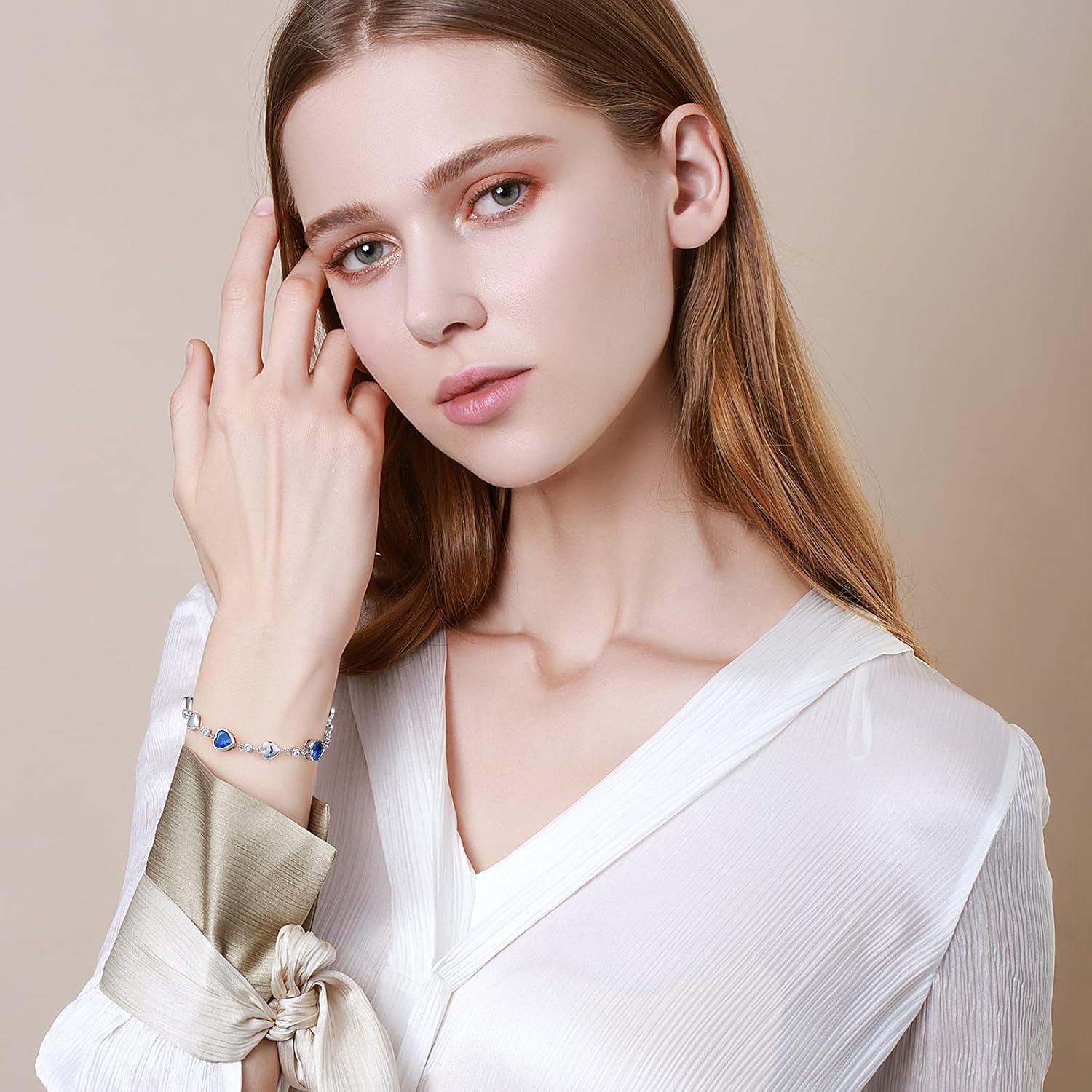 Carleen Birthstone Bracelets for Women 925 Sterling Silver Five Heart Station Created Gemstone Tennis Bracelet Jewelry Anniversary Birthday for Wife, 7"+1.2" Extender - Image 3