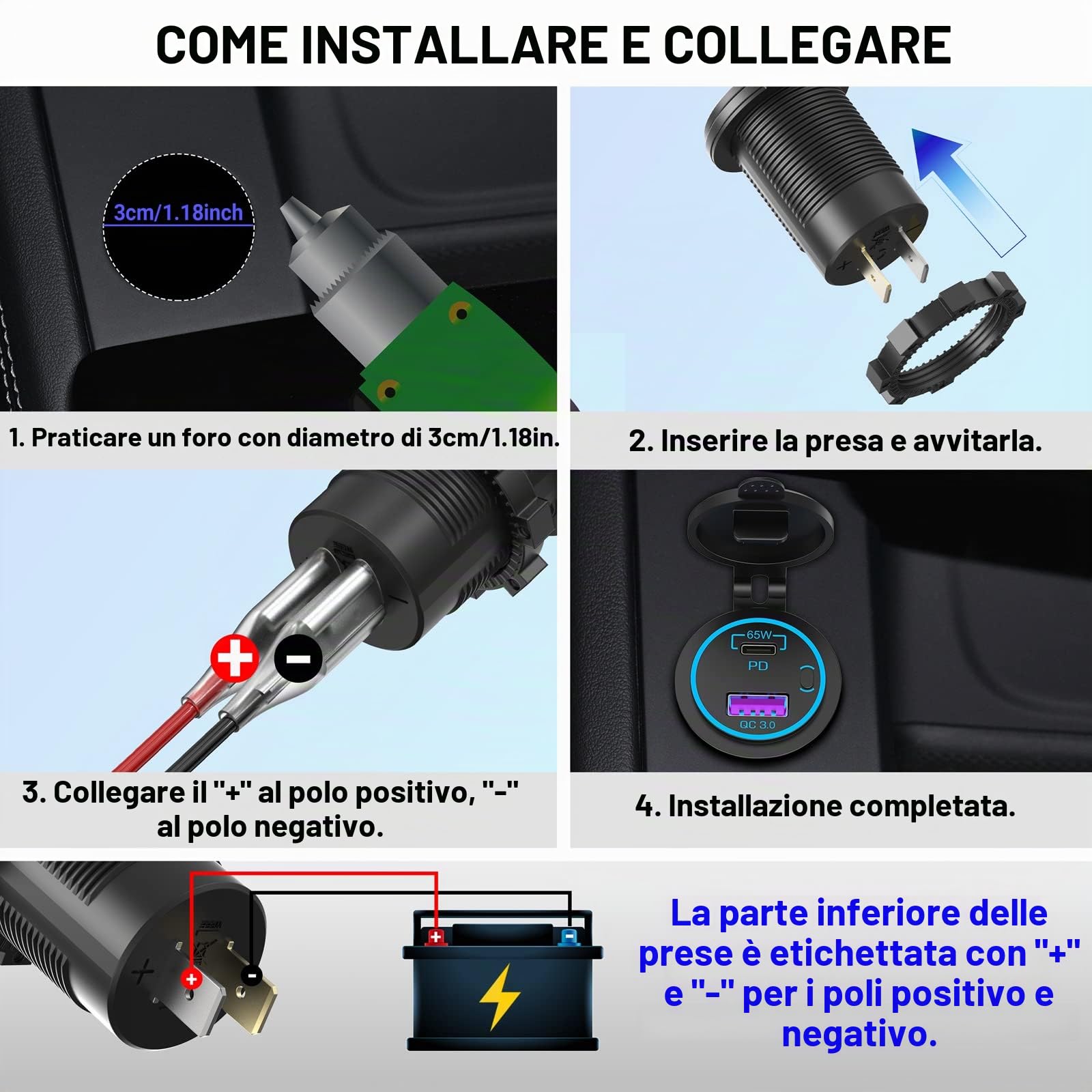 PD 65W USB C Presa 12 Volt: Qidoe Tipo C e QC3.0 Caricabatterie Prese USB per Auto con Interruttore Caricatore Veloce per iPhone iPad Telefoni Android, Adatto per 12V 24V Auto Barca Camion Camper