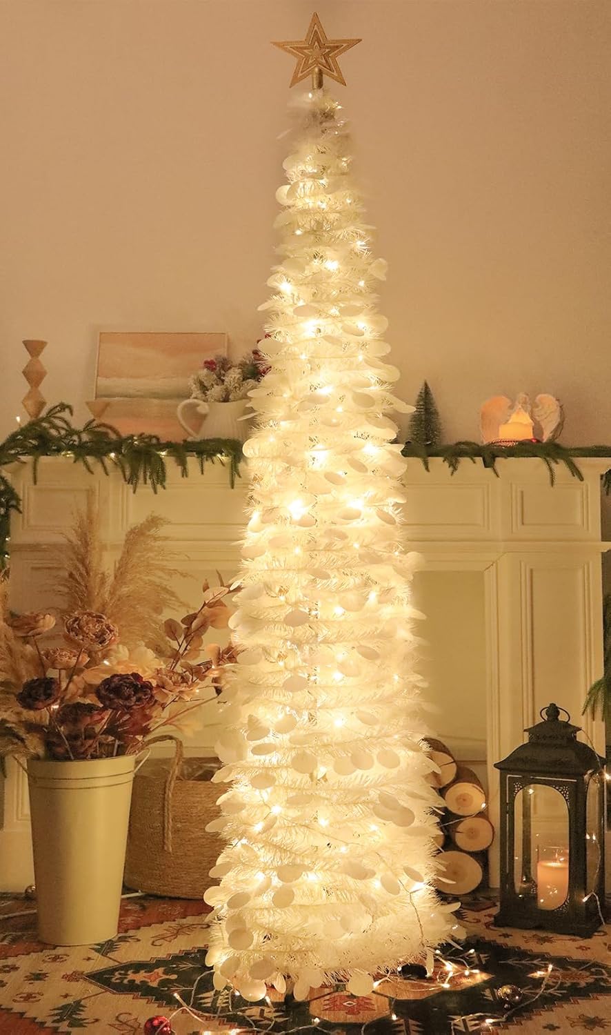 6 FT Pop Up Christmas Tree with 100 LED Timer Lights & Remote, White Collapsible Christmas Tinsel Tree Artificial Pencil Tree Xmas Decoration for Holiday Home Office Party, USB Powered White 6ft