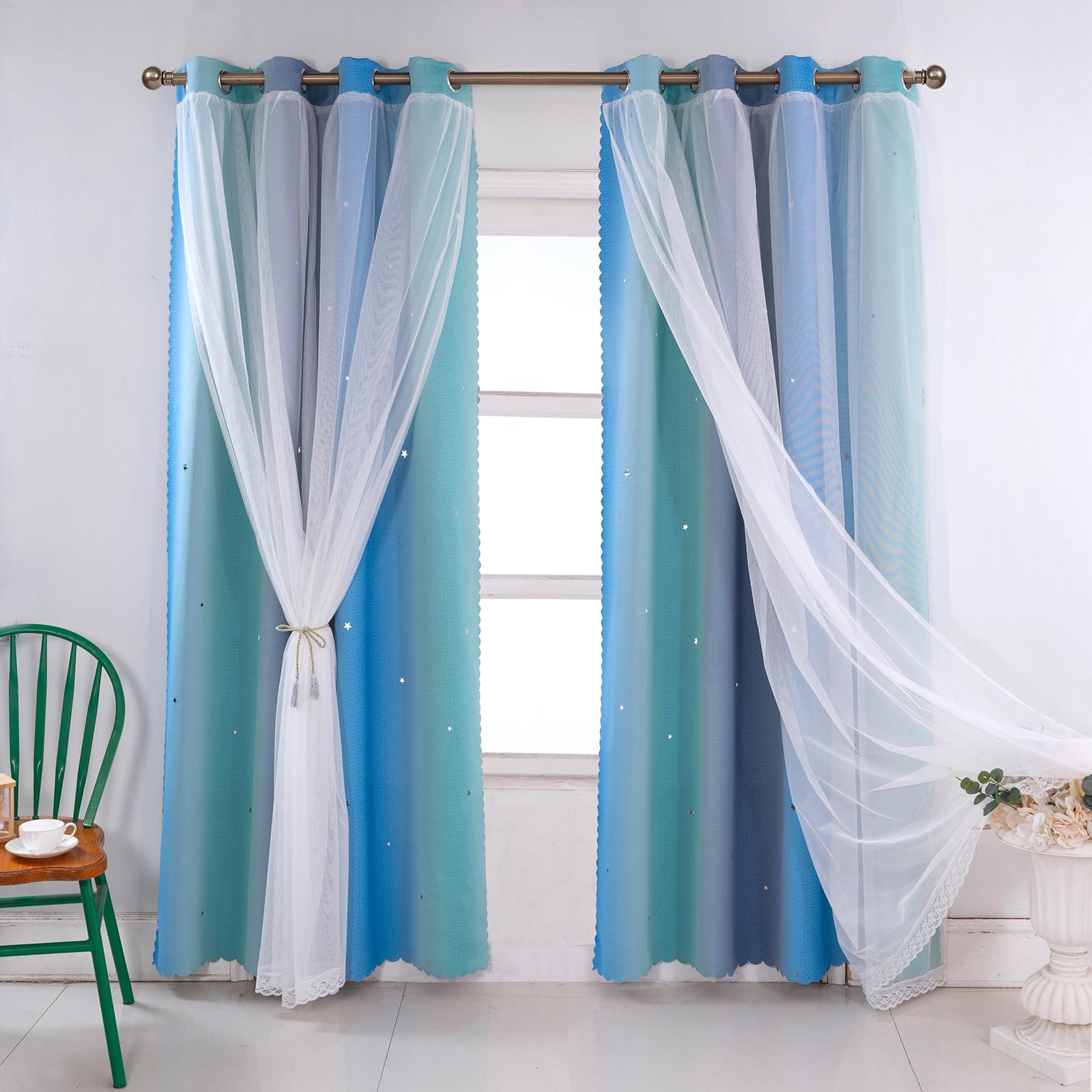 OKYUK Cortinas opacas para niños con estrellas de colores - Cortinas lavables a máquina para la habitación de las niñas que ofrecen reducción de ruido y son decorativas (Gris-Azul-Verde, 52" L x 84" W