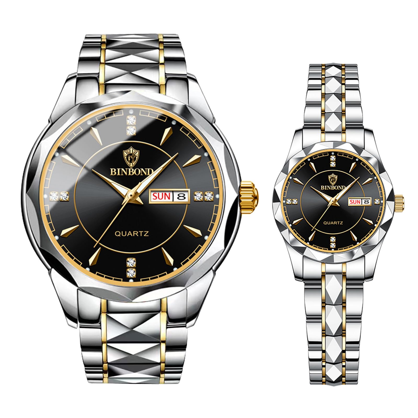 Ibohevo Quartz Analog Couple Watches:: Men and Women Rhombus Stainless Steel Luminous Hands Date 3 ATM Waterproof Business Casual Valentine's Day Christmas Watch Gift Sets