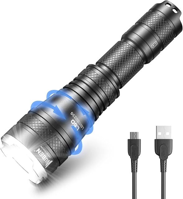 WUBEN L60 Flashlight,Torches LED Super Bright,1200 Lumens Rechargeable Torch, Zoomable USB Tactical Torch IP68 Waterproof Camping Torch with 5 Modes for Outdoors, Camping, Hiking