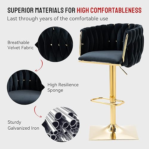 Miniatura 5 de NIOIIKIT Juego de 2 taburetes de bar tapizados de terciopelo, silla de altura de mostrador con respaldo tejido a mano, taburete de comedor con