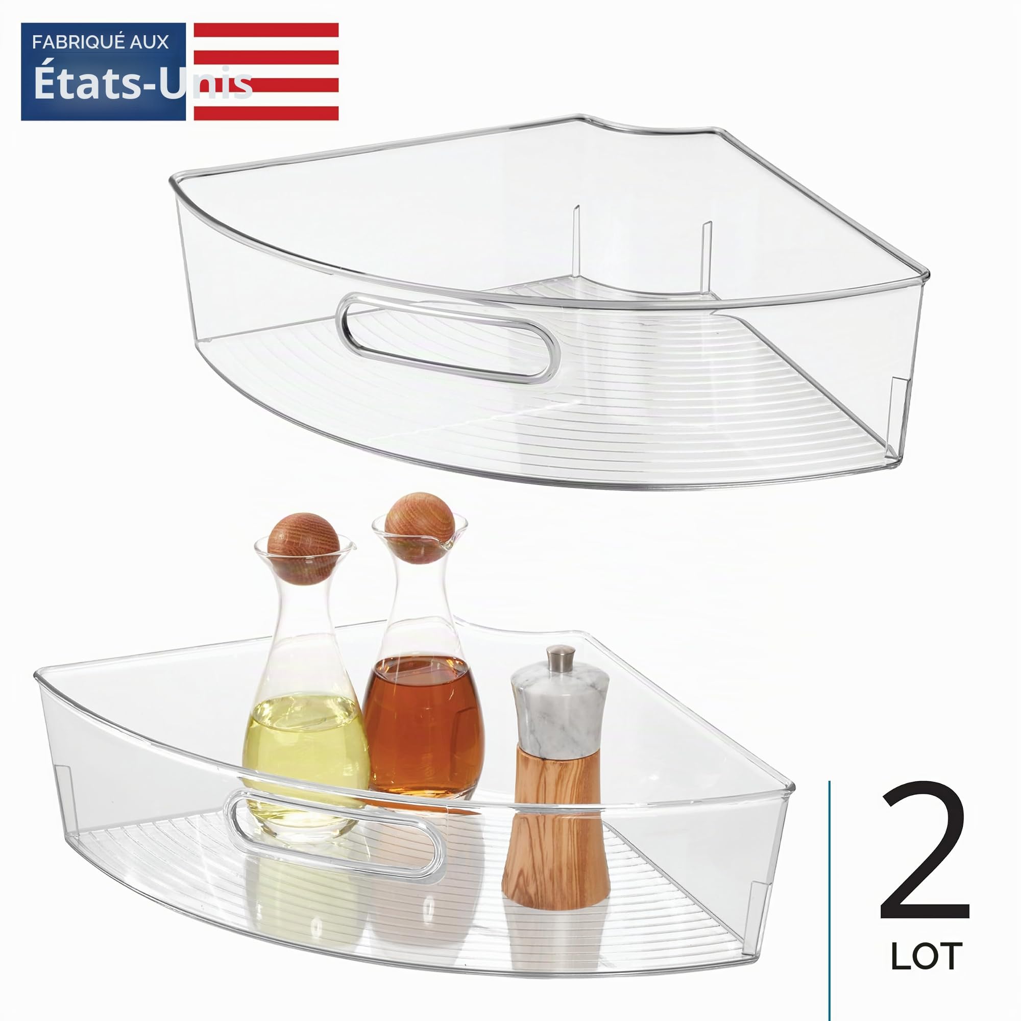 iDesign Lazy Susan Lot de 2 bacs de rangement d'angle avec poignée – Lot de 2 – Transparent