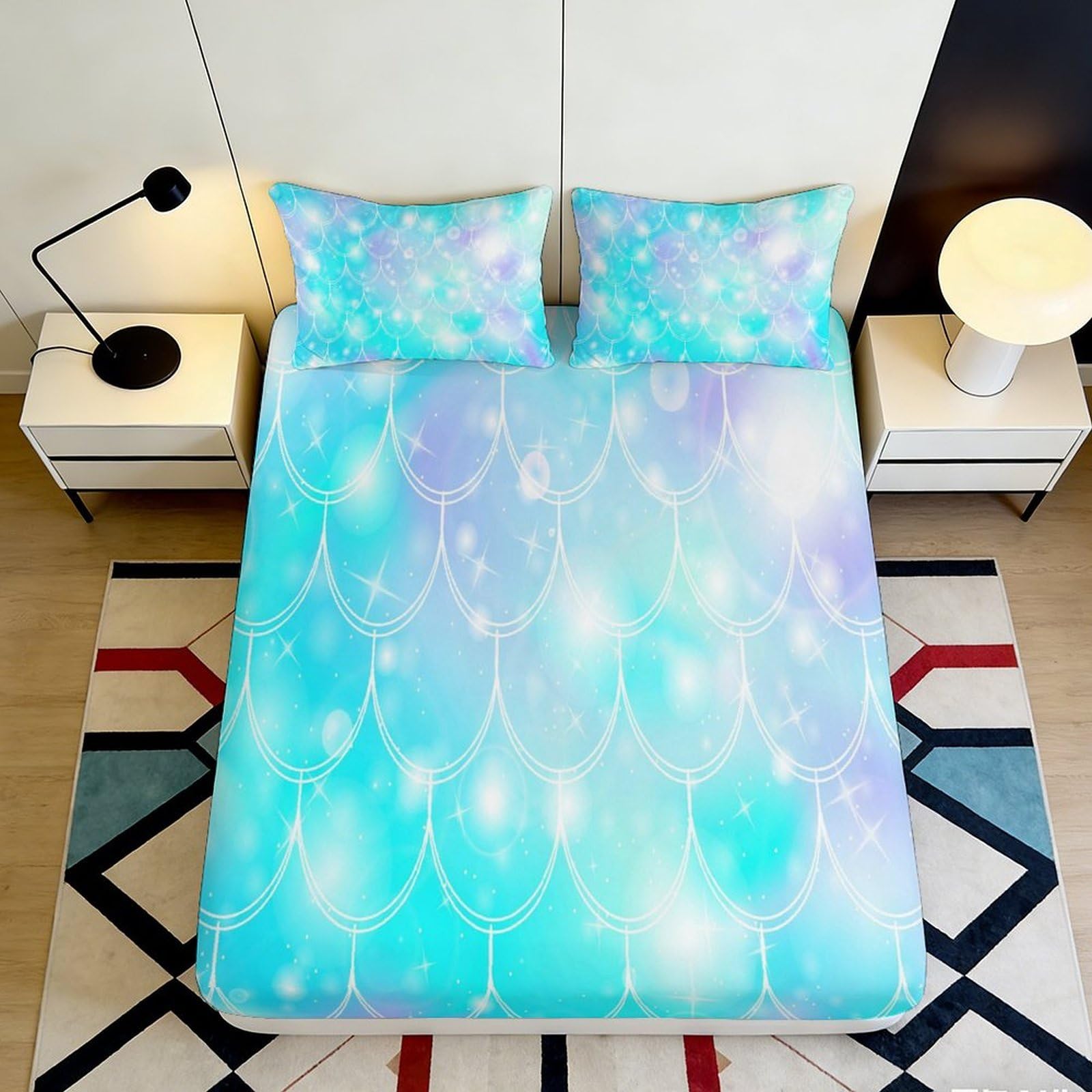 3D Printed Blue Gradient Mermaid Scale Fitted Sheet Microfiber Soft Breathable Sparkle Pattern Bed Sheet for Bedroom Dormitory Guest Room Protection Decor 140x200x25cm