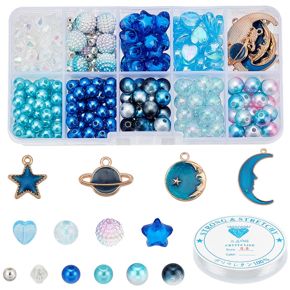 NBEADSNBEADS About 447 Pcs Planet Bracelet Making kit, Including Moon Star Alloy Enamel Pendants Pearl Acrylic Blue Series Beads and 0.8mm Crystal Elastic Threads for Bracelet Craft Jewelry Making Set