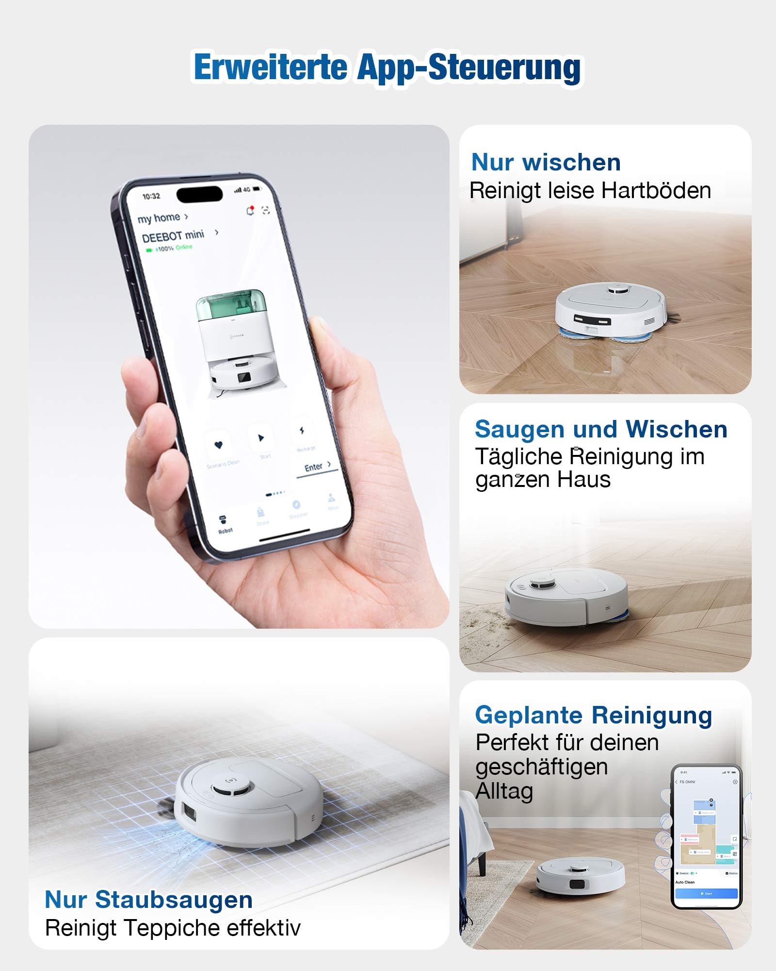 ECOVACS DEEBOT MINI Saugen/Wischen, 9.000 Pa Saugkraft, ZeroTangle 2.0, TrueMapping 2.0, 45 ℃ Heißlufttrocknung, Selbstentleerung, intelligente Tiefenreinigung, Selbstreinigung per Knopfdruck, Grün