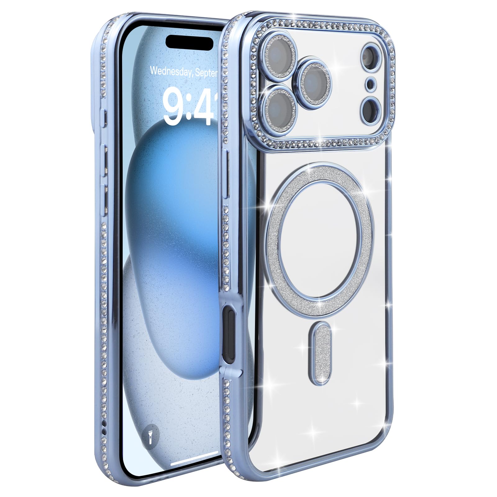 Coque iPhone 17 Pro paillettes bleue transparente avec MagSafe et strass - 8