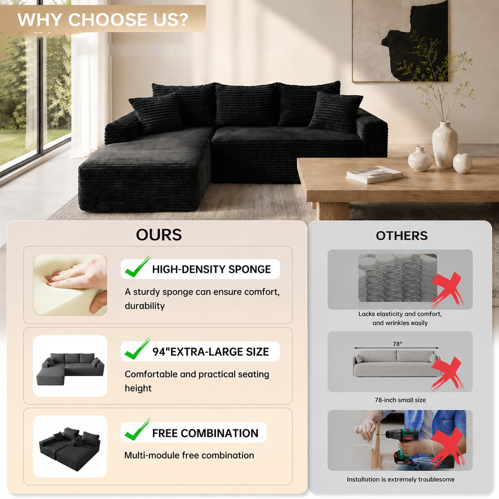 96" Cloud Boneless Sectional Couches with Chaise for Living Room