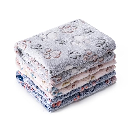 1 Pack 3 Blankets Super Soft Fluffy Premium Fleece Pet Blanket Flannel Paw Printed Throw for Dog Puppy Cat (Small 23x16'', Beige, Grey, Navy)