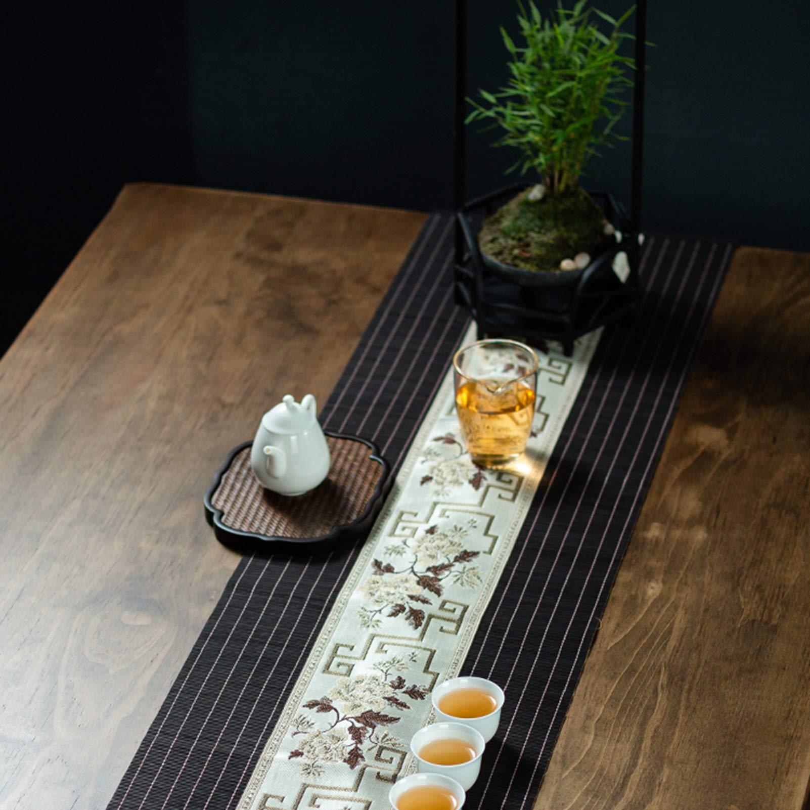 MMQGQ store Tischläufer Bambus-tischläufer, Schwarz Gesticktes Handwerk Mit Rand, Japanischer Stil(Size:30×210cm) Küche, Haushalt & Wohnen