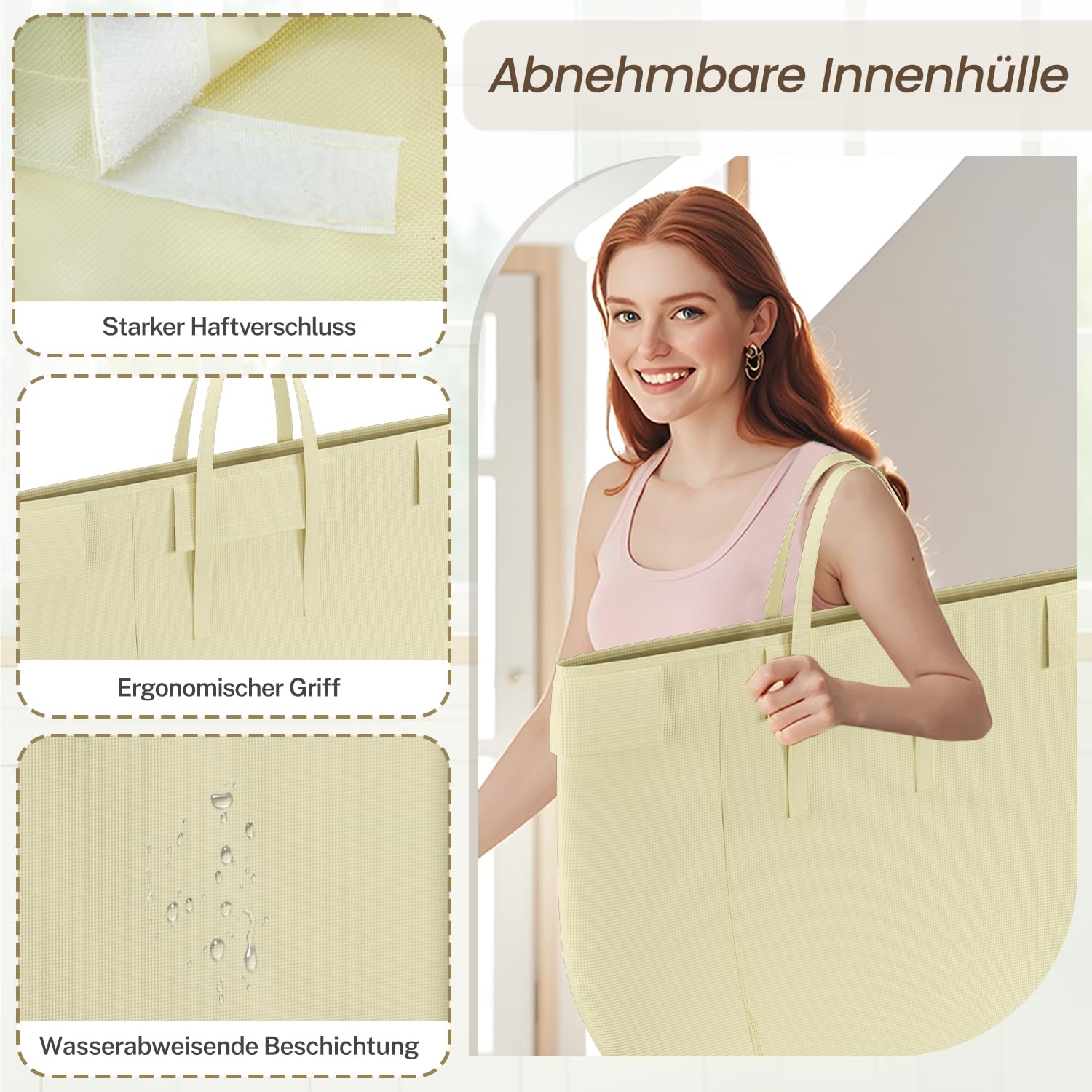 LASZOLA - Cesta grande para ropa sucia con ruedas, 120 L, con bolsa de lona extraíble, carrito de lavandería moderno de metal resistente para baño, lavandería, dormitorio, beige