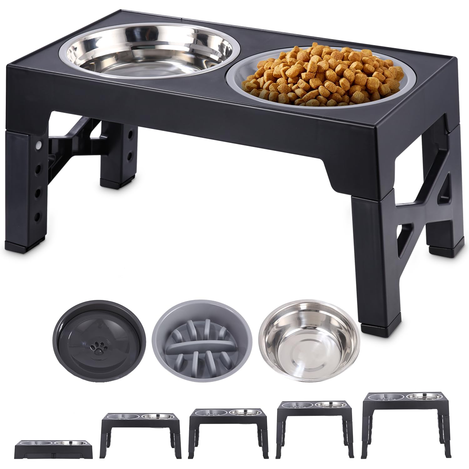Toaren Comedero Perro Elevado Comedero Alto para Perro Comedero para Perros, 5 Alturas Ajustables, con Cuencos de Acero Inoxidable y Comedero Perro Antivoracidad,para Perro Mediano y Grande, Negro