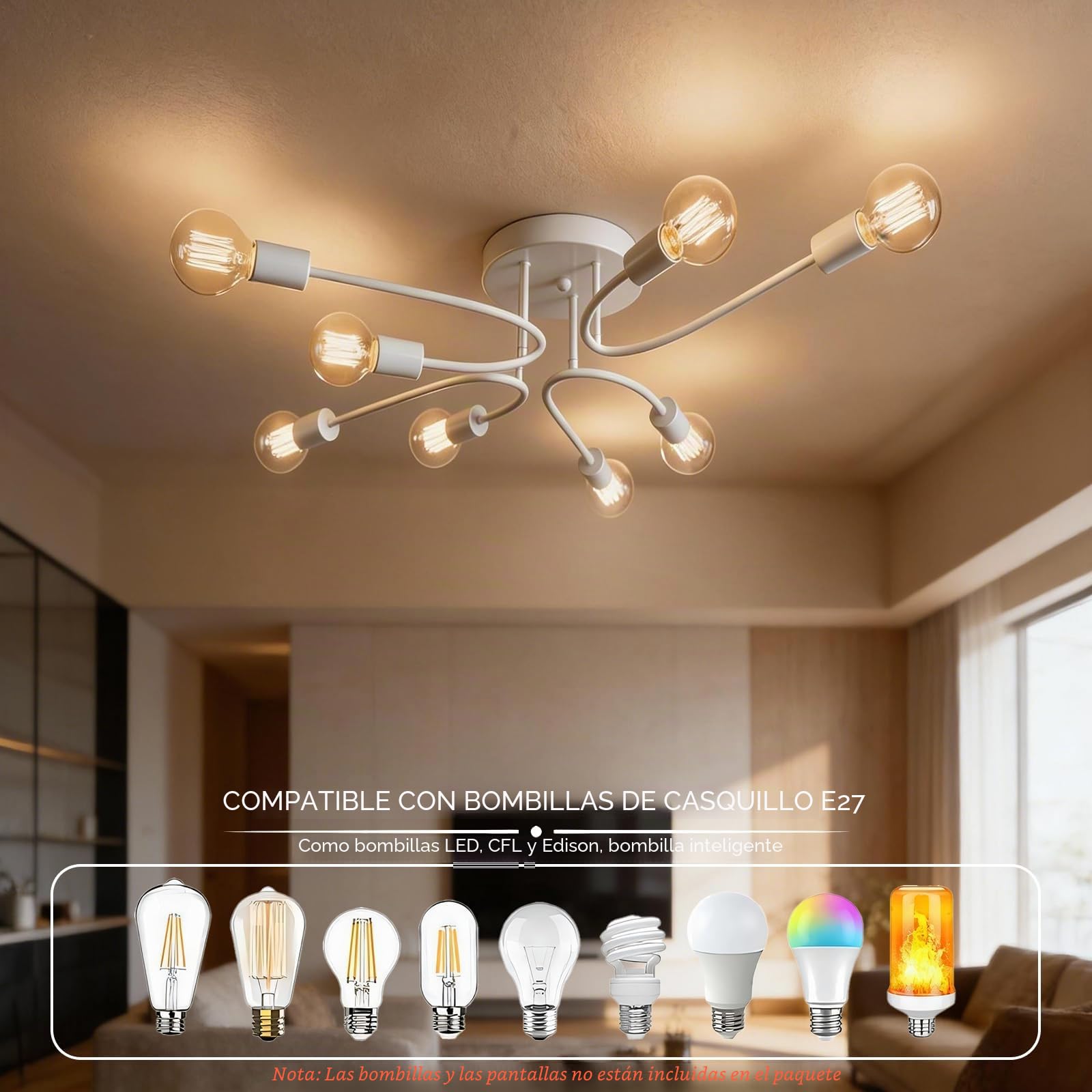 Lámparas de Techo,8 Luces Lámparas de Techo industriales Blanco | Plafon Sputnik E27,Lámparas de Techo Retro,Lámpara de Araña para Dormitorio, Sala de Estar, Cocina, Comedor(Sin Bombilla)