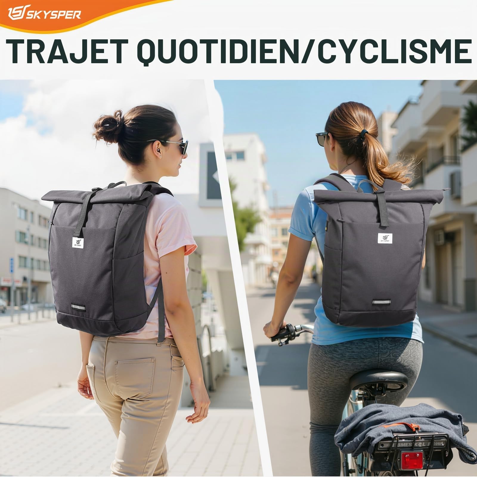 SKYSPER Sac à Dos Homme Extensible Sacs a dos Rolltop pour Voyage Vélo Travail College pour Adolescents Hommes Femmes