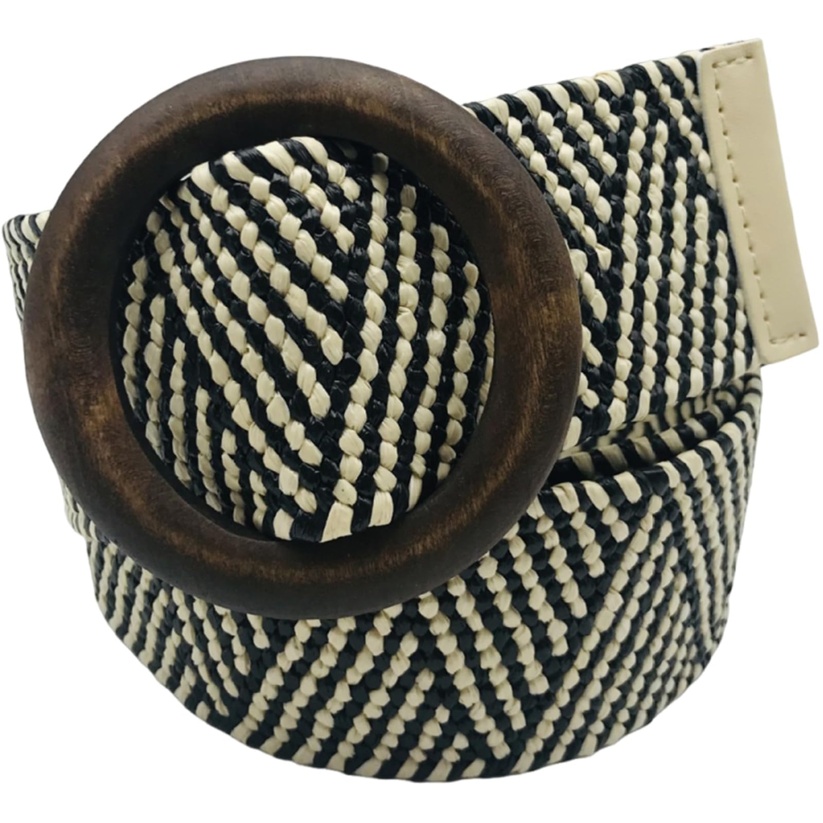 AGUTALITHIC Womens Straw Braided Belt 4.8cm Wide Soft Woven Rattan Waist Strap with Wooden Round Buckle for Causal and Dress(100cm/39, Stripe)