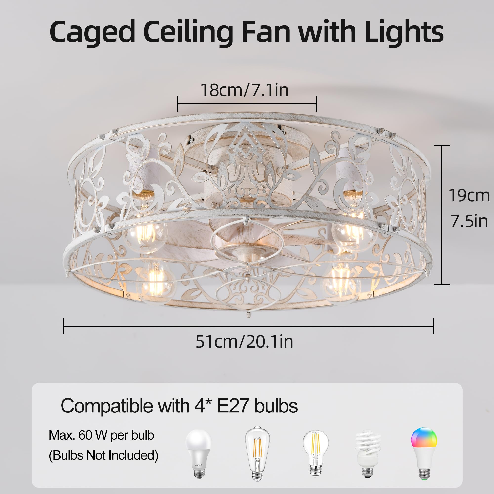 Ganeed Käfig Deckenventilator mit Licht Industrie-Stil Bauernhaus Decke Elegant Bemalte Beleuchtung 51cm Niedrigprofil Decke montiert Lampe E27 mit Fernbedienung Weiß 4 Licht