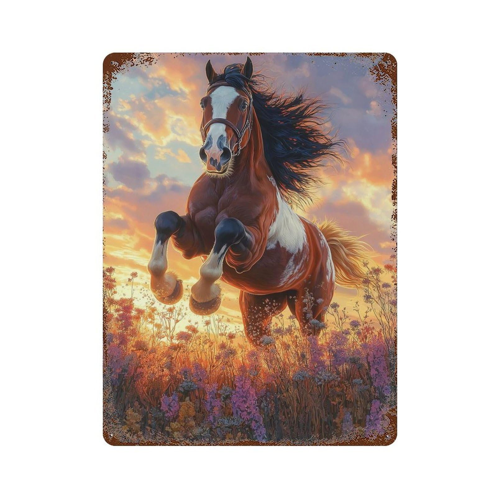 Horse Leaping at Sunset in Field of Flowers Decorative Tin Sign 15.7"x11.8", for Bistro, Counter And Cafe Decor, Retro Wall Decor