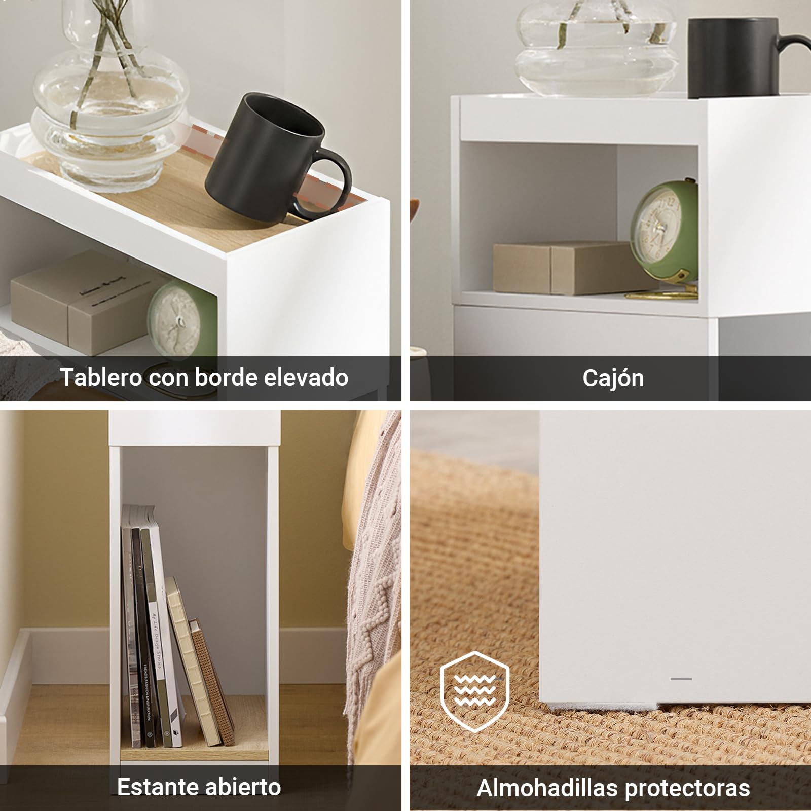 SoBuy Set de 2 mesas auxiliares estrechas con cajón, 20x35x60cm salón | Mesita de noche compacta con almacenamiento, diseño ahorraespacio para dormitorio y sofá, blanco, FBT171-WNx2