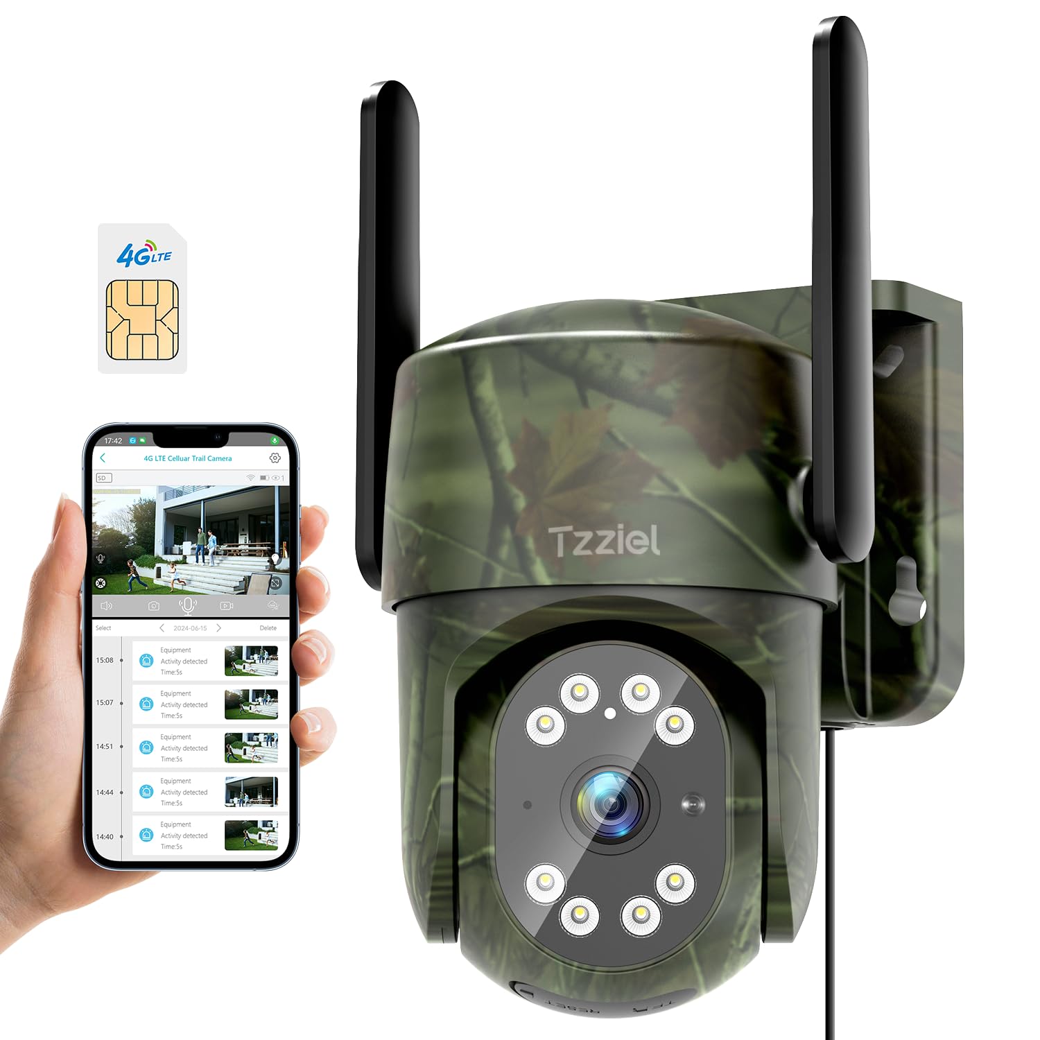 Tzziel 3G/4G Cámara de Vigilancia con Tarjeta SIM, Sin WiFi, Detección de Movimiento PIR con reconocimiento de Personas y Seguimiento automático, Visión Nocturna, Audio Bidireccional, Impermeable.