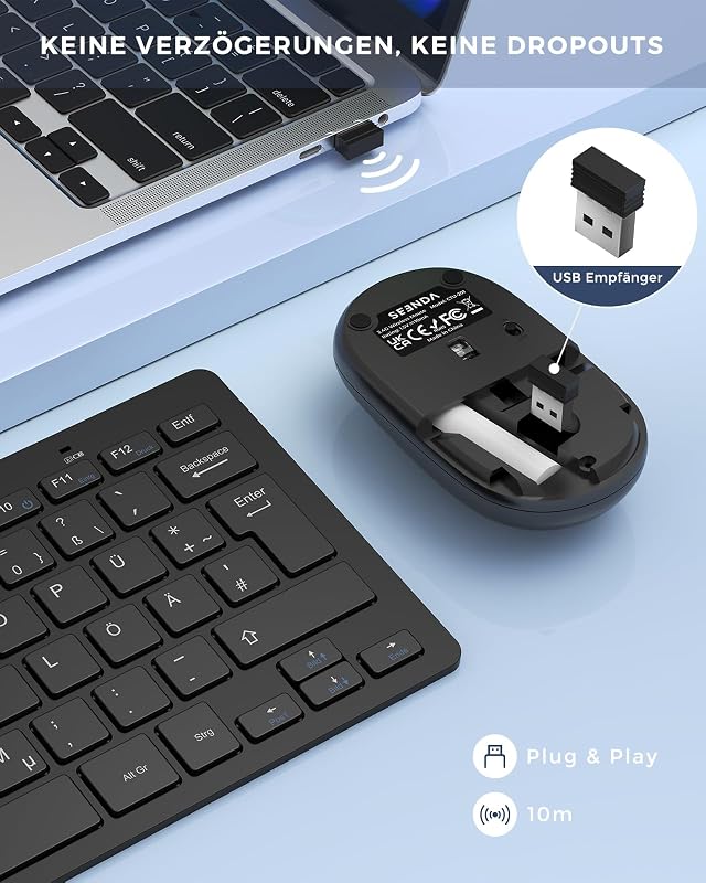seenda Vezeték Nélküli Mini Billentyűzet és Egér Szett - Kompakt, Hordozható, USB Vevővel, PC/Laptop/Smart TV Kompatibilis, QWERTZ Kiosztás,