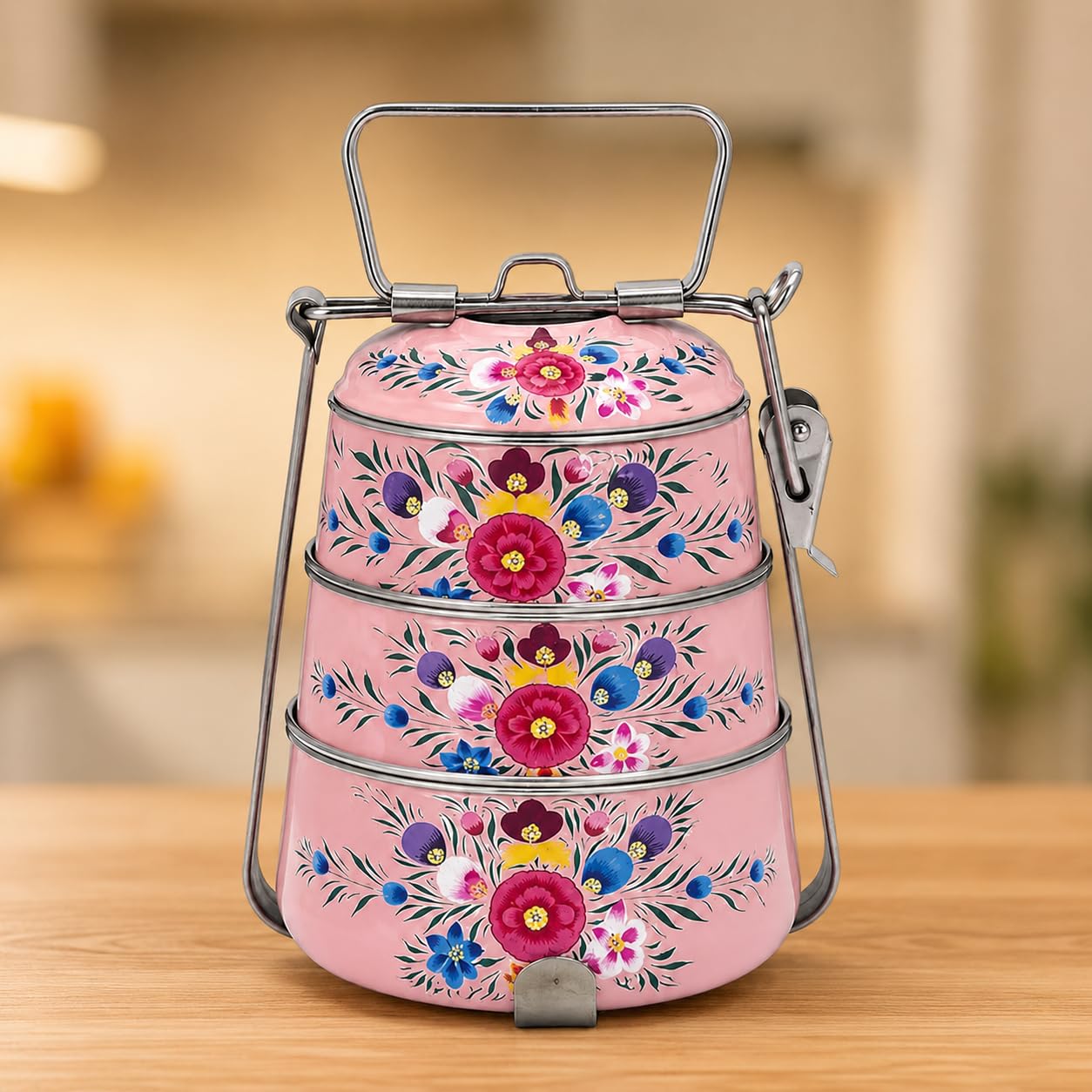 iHandikart Handpainted Decorative Lunch Box Tiffin | Multiple Tier Stainless Steel Food Box | Designer Indian Print Tiffin for School | Diwali Gift, Navratri Gift (Color - Multicolor)-image-28