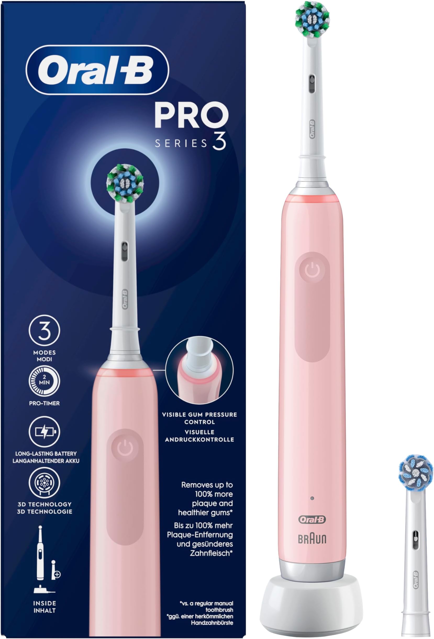 Oral-B Pro 3 3000 Cross Action Electric Toothbrush, 2 Replacement Brushes, 3 Cleaning Modes & Visual 360° Pressure Control for Dental Care, Designed by Braun, Pink