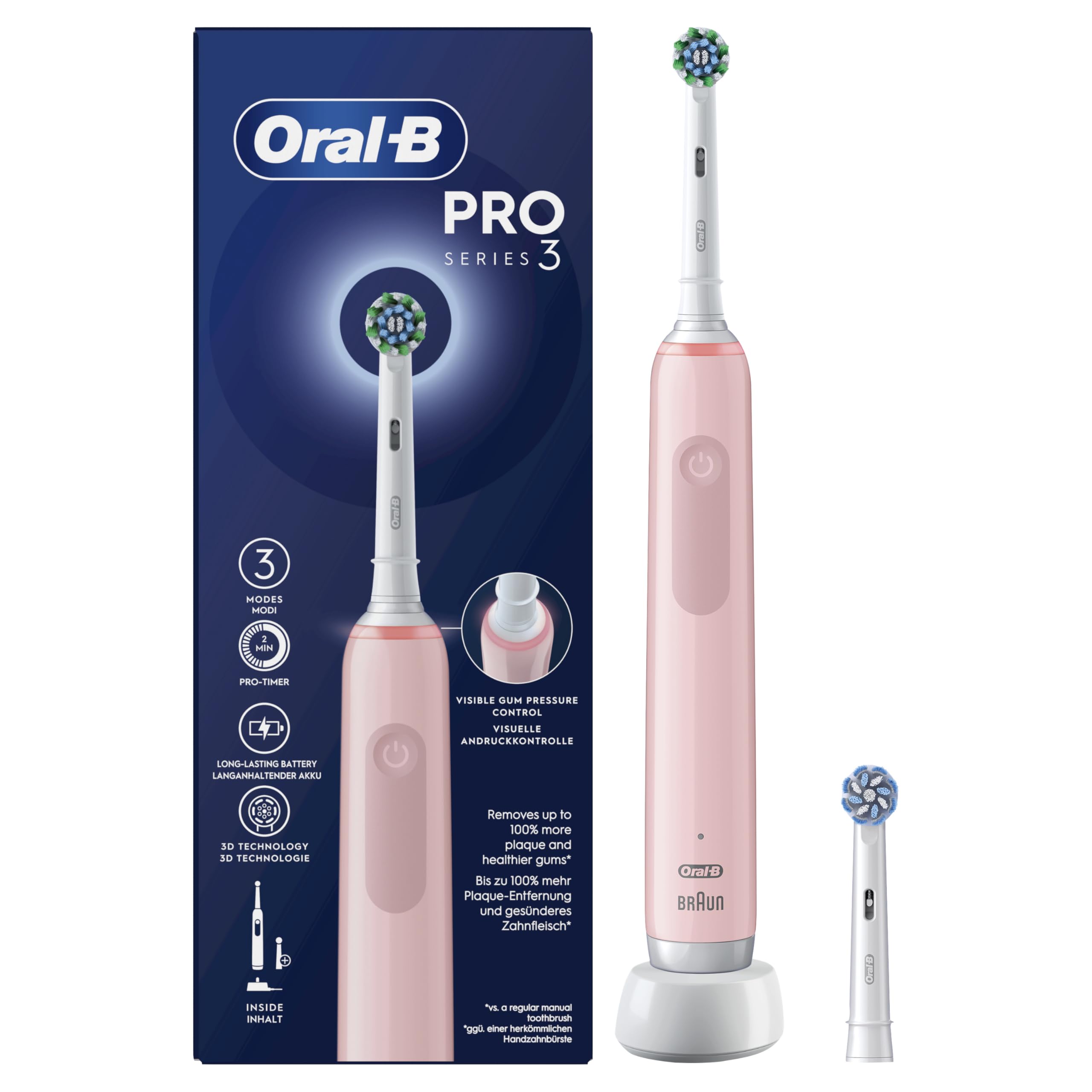 Oral-B Pro Series 3 Cepillo de Dientes Eléctrico con Mango Recargable y 2 Cabezales, Diseñado por Braun - Rosa