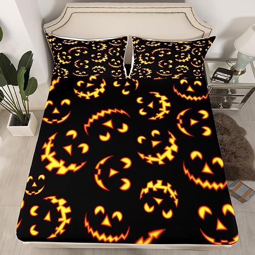 Miniatura 4 de Juego de sábanas de Halloween tamaño King, juego de sábanas de calabaza con cara de fantasma, color dorado y negro, ropa de cama de Halloween para