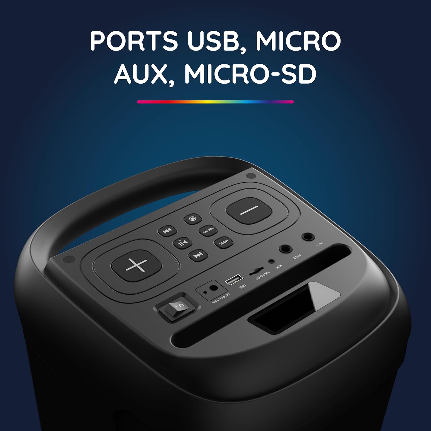 Top panel of R-MUSIC Blaster M speaker showing USB, Micro SD, and AUX ports