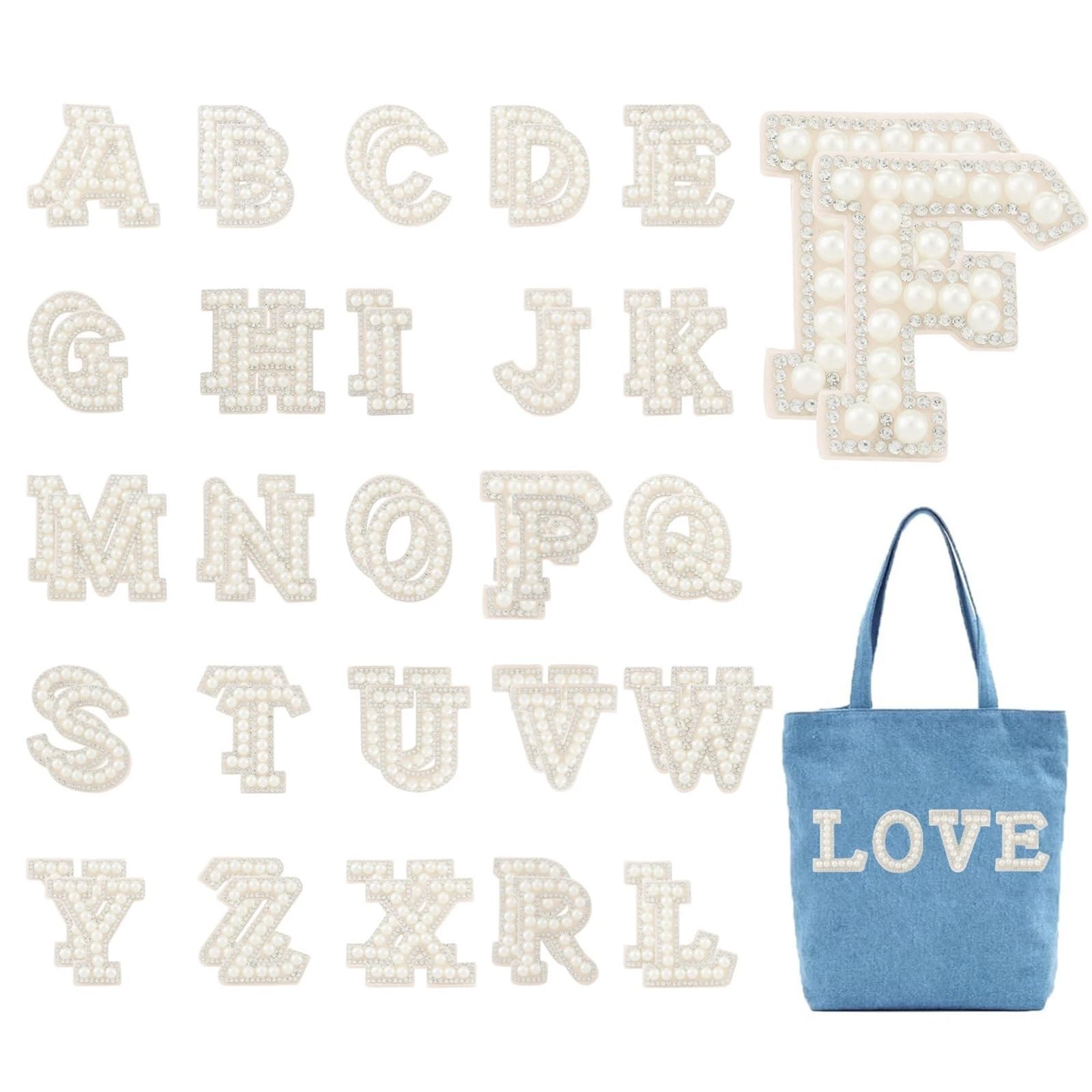 Aufnäher zum Aufbügeln für Kleidung, 2 Sets mit Buchstaben A-Z, englische Buchstaben, Glitzer, Perlen, Strass, Reparatur, bestickte Applikationen, Aufnäher für selbstgemachte Kleidung, Taschen, Hüte