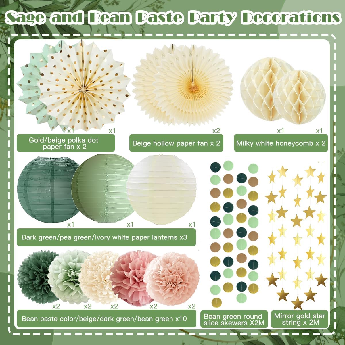 Boho Paper Decorations Set, Sage Green Dusty Pink Party Decorations Set, Boho Baby Shower Decoration Paper Pom Poms Lanterns Honeycomb Balls Hanging Star Garland for Birthday Baby Shower Wedding Party - Image 2