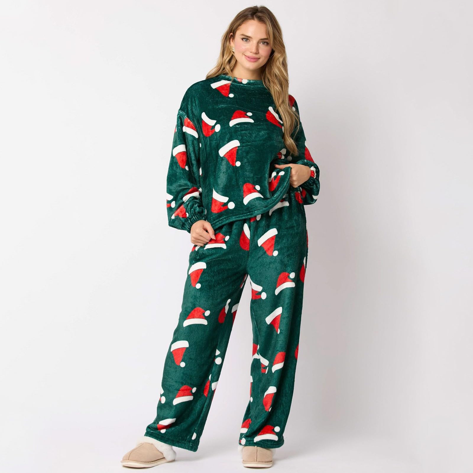 Genérico Pijamas Mujer Manga Larga，Conjunto de Pijama Mujer Invierno Otoño Ropa Confortable Franela Diseño Navideño Gorro Lujo Casual Noche
