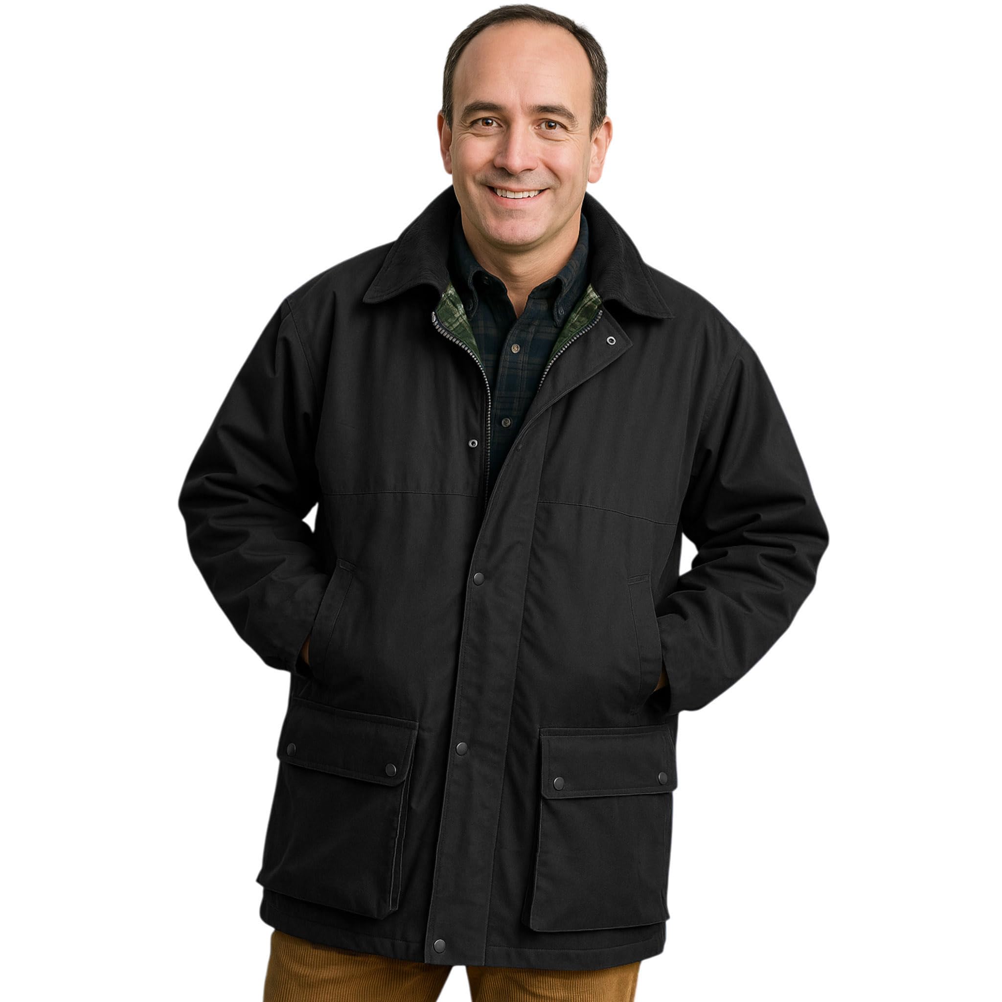 Game Technical Apparel Men's Black Premium British Wax Jacket – Unpadded, Water-Repellent & Windproof With Detachable Hood & Tartan Lining