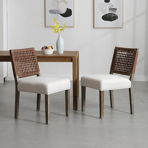 Vista 3 de Juego de 4 Sillas de Comedor Estilo Granja de Tela de Lino Tapizadas Silla Lateral de Acento, Sillas de Cocina y Comedor Modernas de Mediados