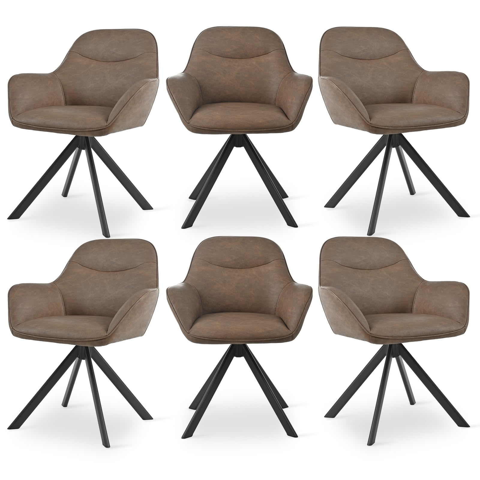 Goeurvant Set of 6 Dining Chairs 360° Swivel Vanity Armchair for Living Room Upholstered Kitchen Chairs with Metal Legs,Backrest, Dark Brown