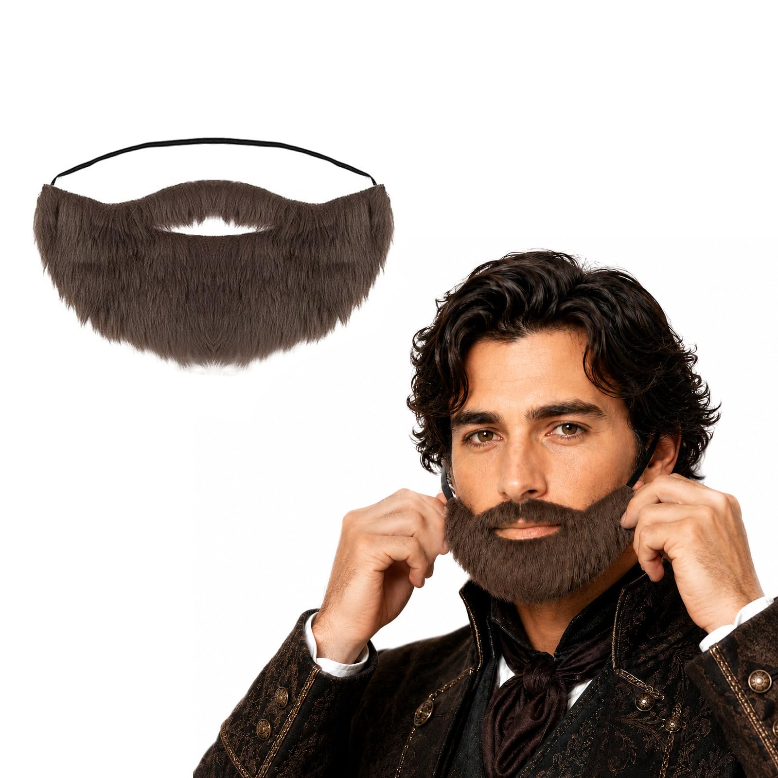 Coffee Brown Realistic Half-Moon Fake Beard & Mustache with Adjustable Strap for Cosplay, Halloween & Parties - Short False Facial Hair 24x13cm for Stage & Festivals (Coffee Half)