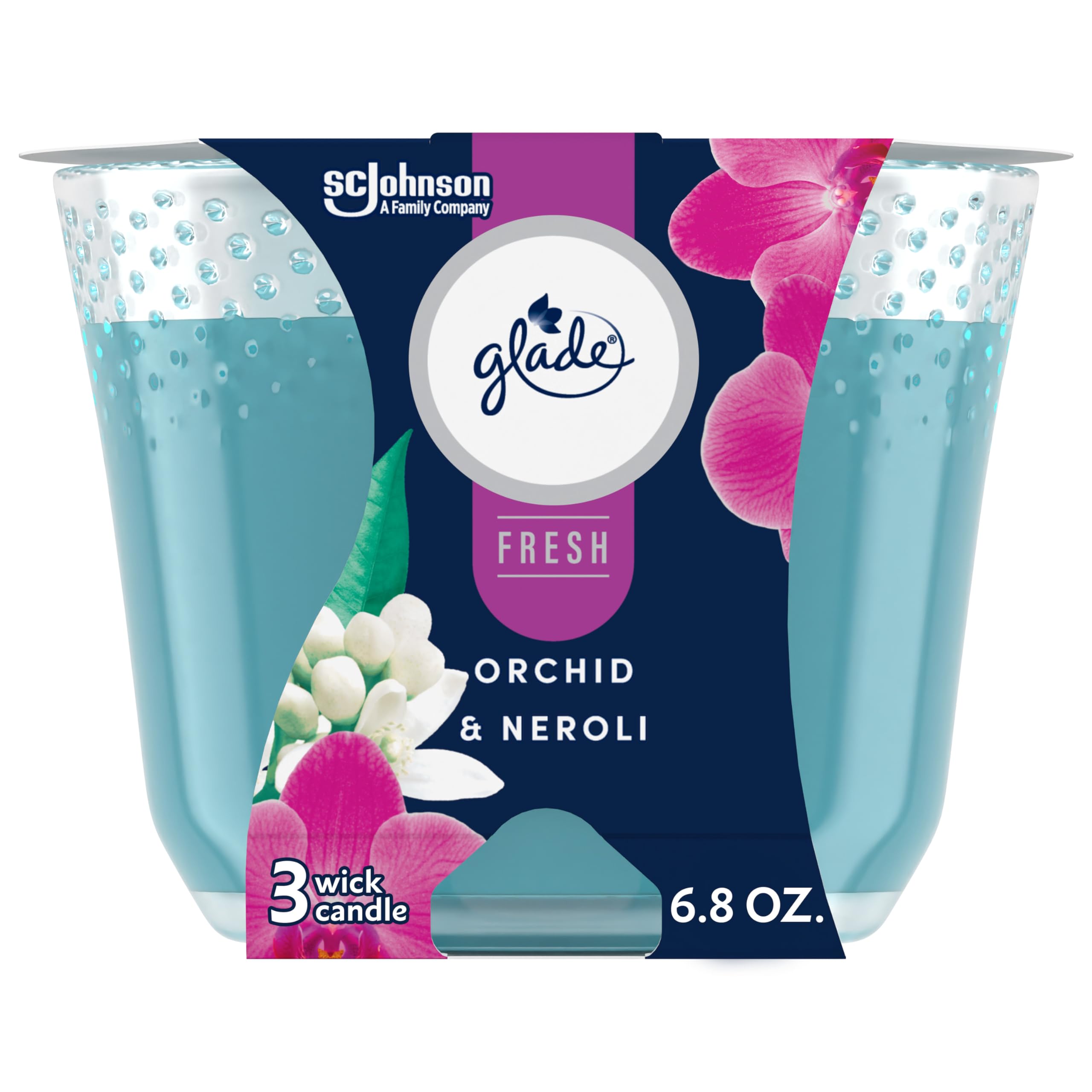 Glade Candle Orchid & Neroli, Fresh Collection, Fragrance Candle Infused with Essential Oils, Air Freshener Candle, 3-Wick Candle, 6.8 Oz