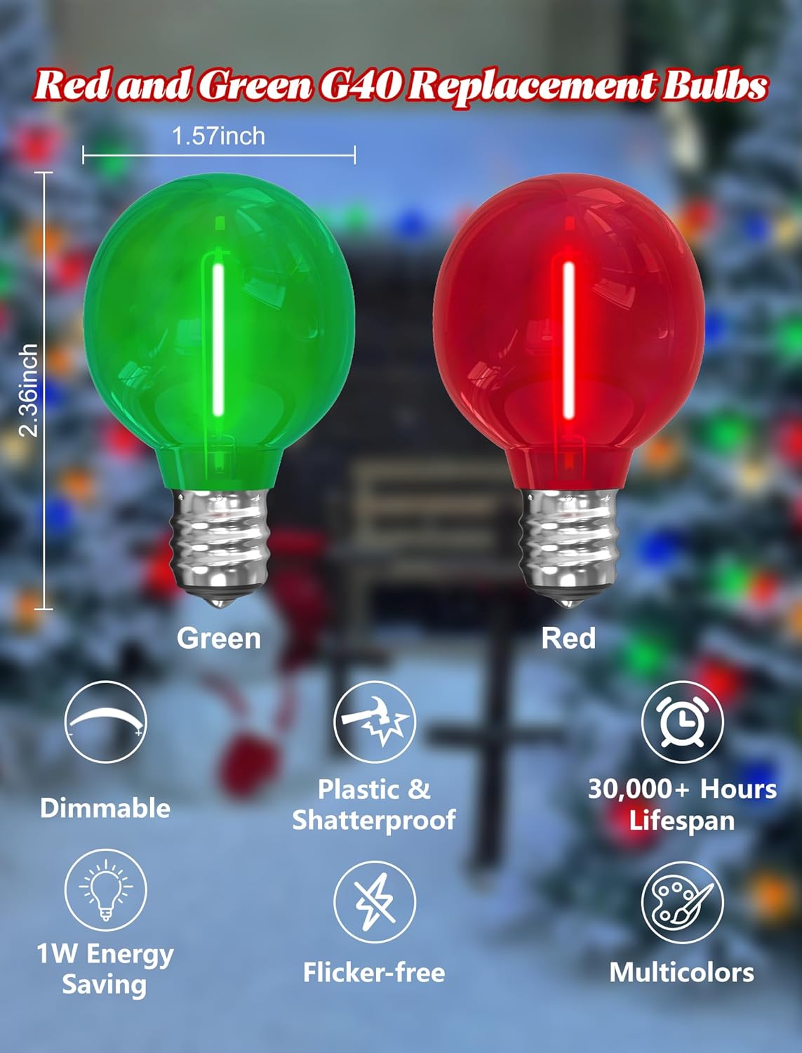 25 Pack G40 Red & Green LED Globe Replacement Bulbs, Dimmable E12 Screw Base Shatterproof Small Globe Light Bulbs for Outdoor String Lights and Indoor Outdoor Christmas String Lights & Patio Decor
