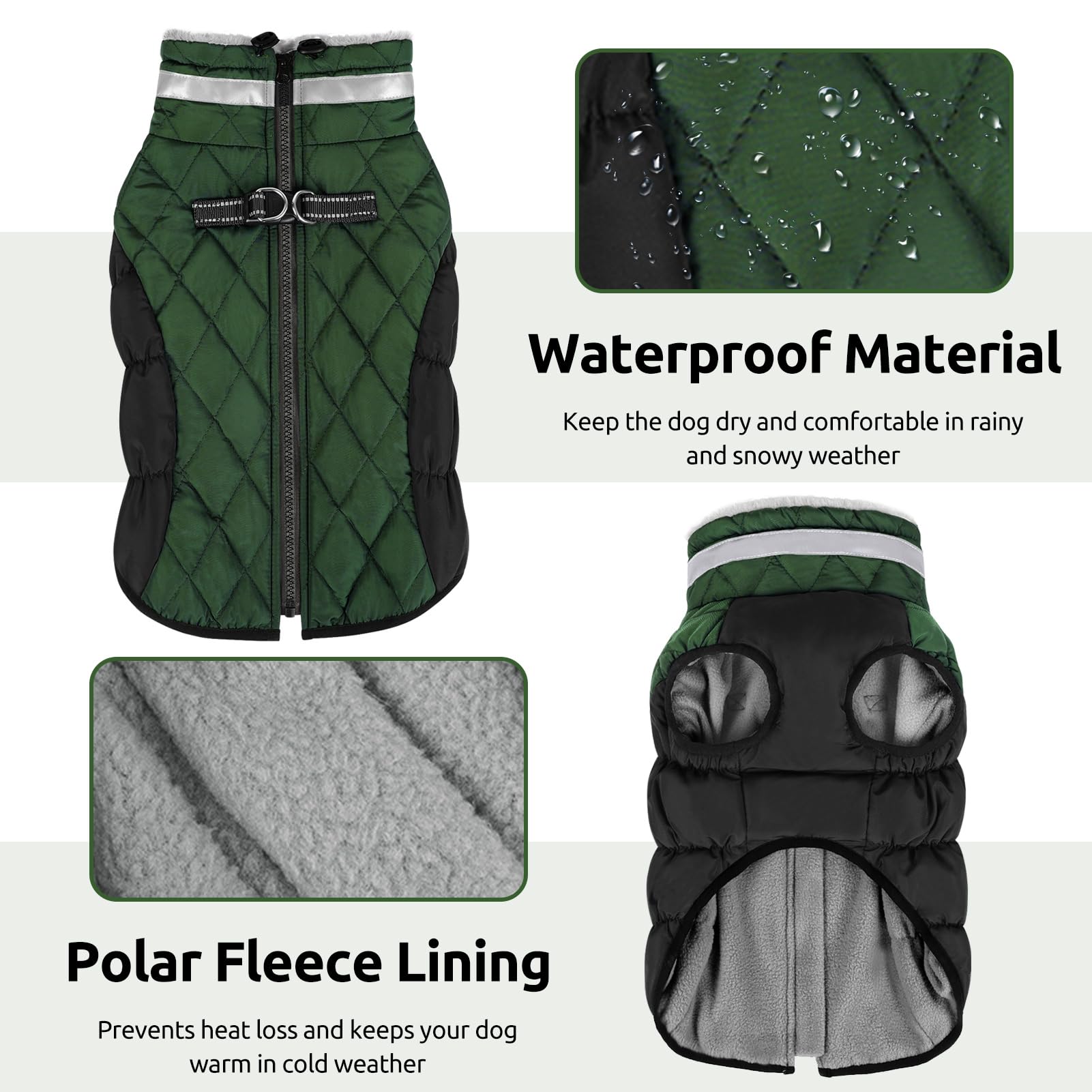 CITÉTOILE Cappotti per Cani Invernali in Pile con Imbracatura, Caldo Cappotti e Giubbotti per Cane Taglia Piccola/Media/Grande, Cappottino Impermeabile Cani, Gilet Cappotto Riflettente, Verde, XS