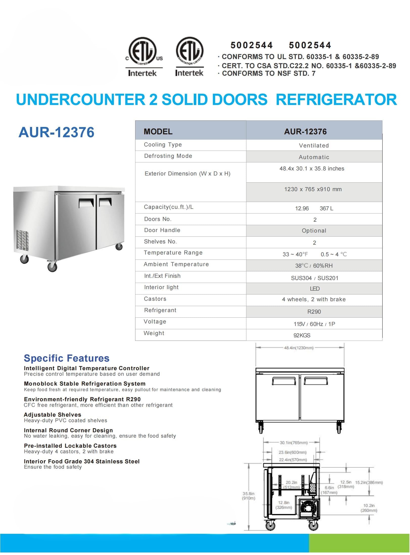 Elite Kitchen Supply Commercial Undercounter Refrigerator, 12.96 Cu Ft, 2 Solid Doors, Stainless Steel, 48.4x30.1x35.8 Inches Aur-12376 Etl on Fridge.com - View 2