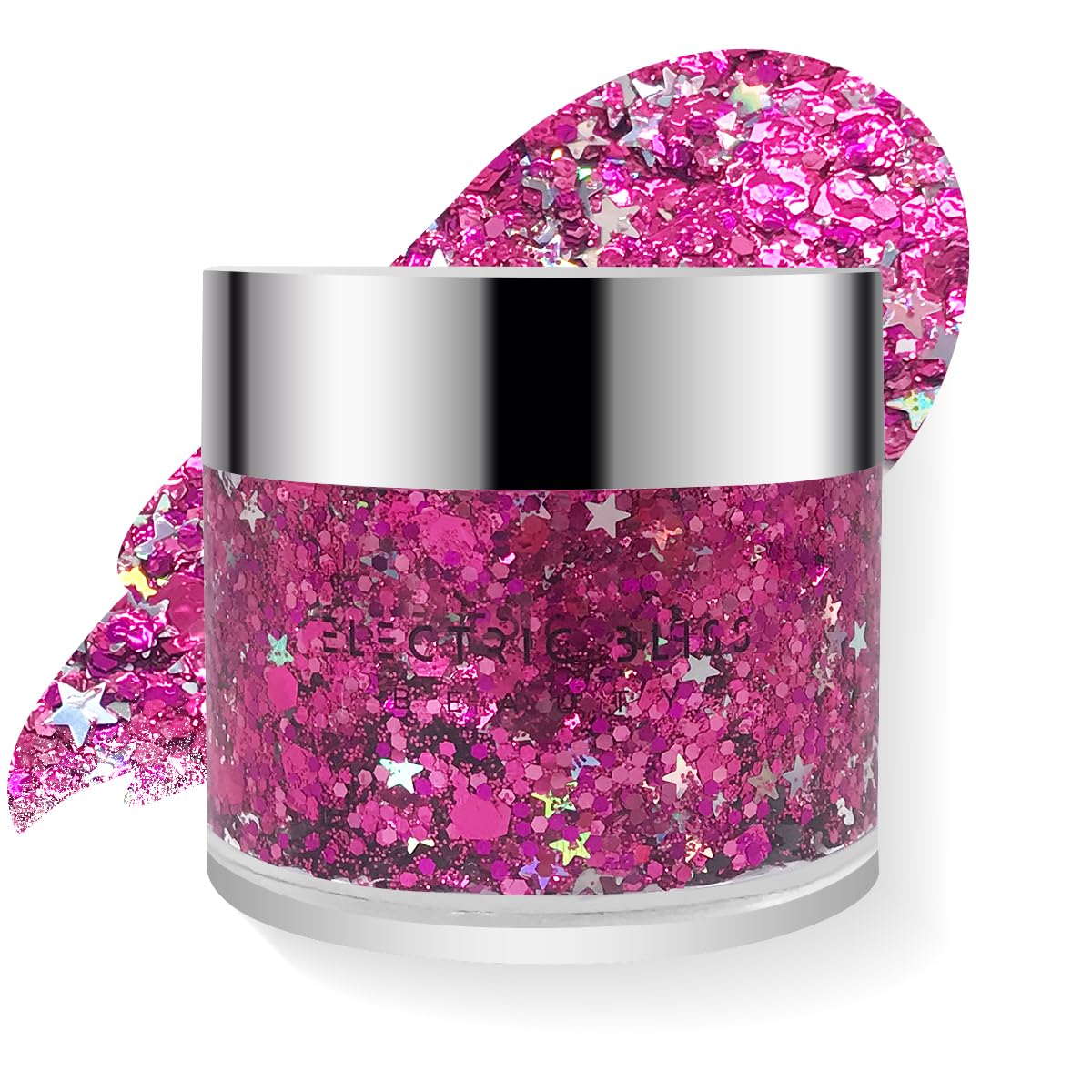 Cosmic Pink & Siver Stars - Holographic Body Glitter Gel for Body, Face, Hair - Vegan & Cruelty Free - Electric Bliss Beauty (Cosmic Pink)